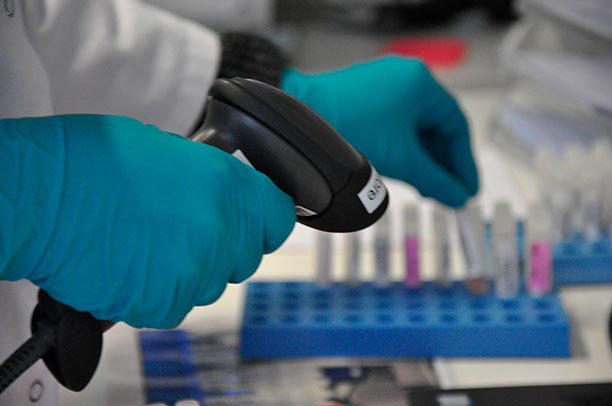 Shot of persons hands wearing lab gloves, scanning test tubes.