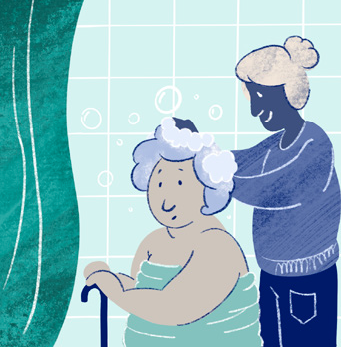 illustration of older person and his helper giving him a bath